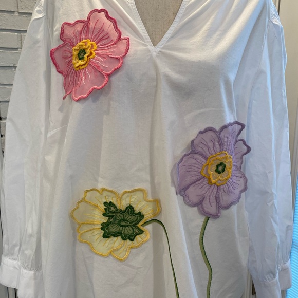 Talbots white cotton popover blouse floral embroidery appliqué coastal beach XL - Picture 3 of 11